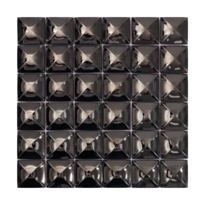 Full sheet of high-gloss black stainless steel 3D mosaic tiles.