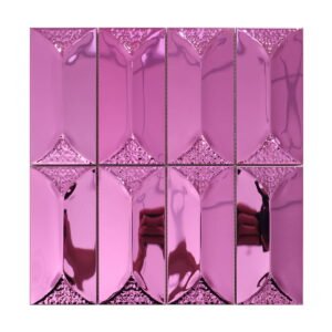 Full view of glossy pink stainless steel rectangular mosaic tiles