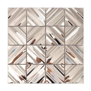 Full sheet of glossy silver metal 3D square mosaic tiles.