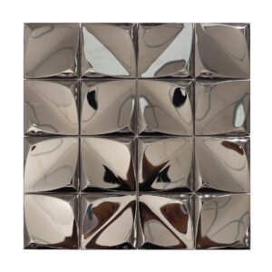Full layout of 3D high-gloss black stainless steel square mosaic tiles.