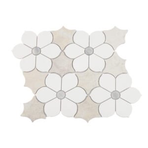 Front view of white beige floral marble mosaic tile with petal pattern