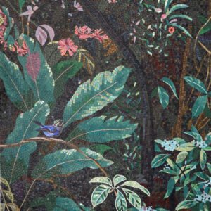 Full tropical forest glass mosaic mural with bird, leaves, flowers, and berries