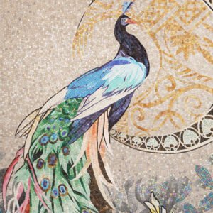 Full handmade peacock glass mosaic mural with green tail and gold background pattern