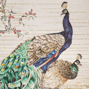 Full handmade glass mosaic mural with peacocks and floral branch