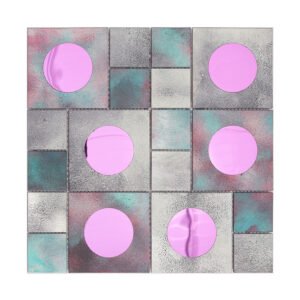 Full sheet aluminum mosaic tile with pink round glass accents and textured blocks