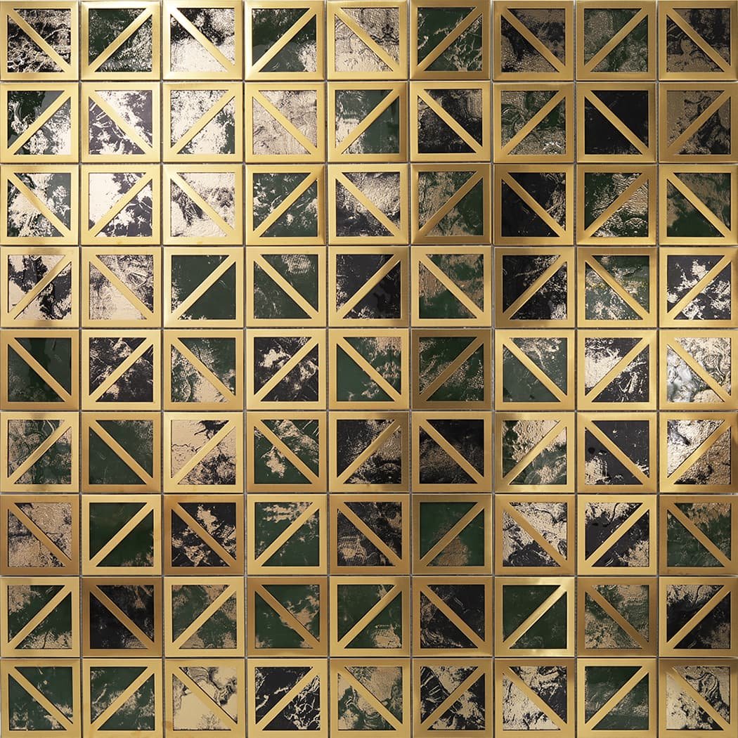 Large wall area covered in a repeating pattern of gold framed green and black tiles.
