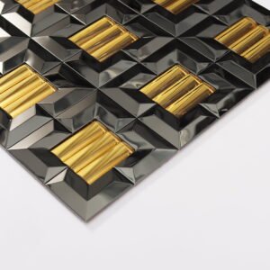 Mosaico de parede metálico 3D preto e dourado com padrão espinha de peixe e efeito espelhado