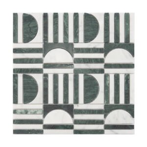 Front view of geometric green and white marble mosaic tile with semi-circle and stripe pattern.