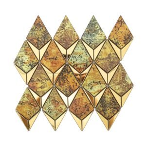 Gold diamond metal mosaic tile sheet with mixed antique green and bronze finish
