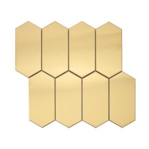 Full front view of gold brushed elongated hexagon mosaic tile sheet layout