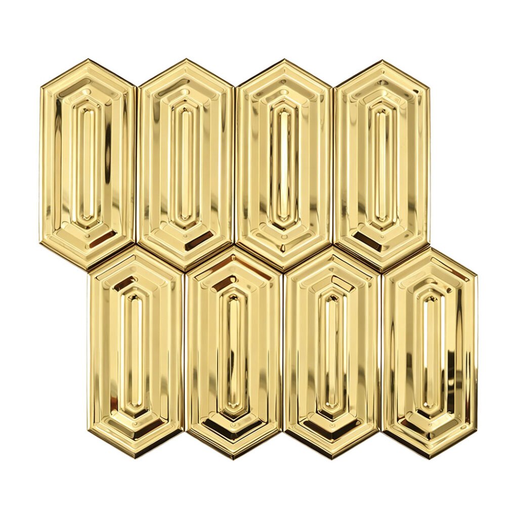 Guldfärgad avlång sexkantig spegelblank metallmosaik med geometriskt relief i flera nivåer