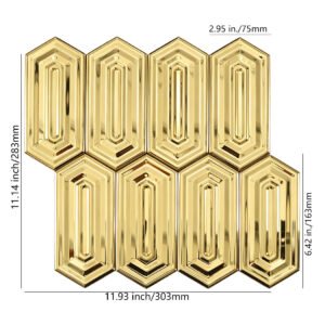 Guldfärgad avlång sexkantig spegelblank metallmosaik med geometriskt relief i flera nivåer