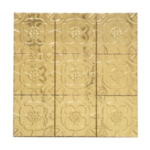 Front view of a gold embossed floral metal mosaic tile sheet in a square layout.