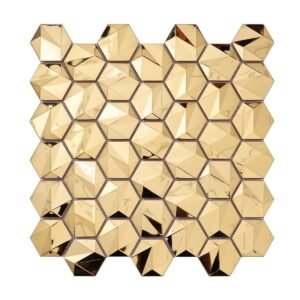 Front angle of glossy gold hexagon metal mosaic