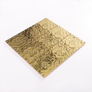 Mosaikfliesen aus Edelstahl – Goldfarben, Quadrate, Blumenmuster