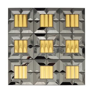 Mosaico de parede metálico 3D preto e dourado com padrão espinha de peixe e efeito espelhado