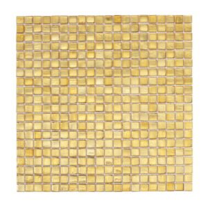 Full front view of gold foil glass square mosaic tile sheet on white background