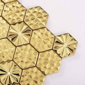 Mosaikfliesen aus Edelstahl – Goldfarben, Sechsecke, 3D-Struktur, für Wände – BJ-09C4A9812FF9