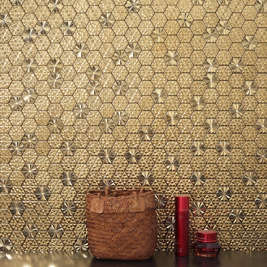 Mosaikfliesen aus Edelstahl – Goldfarben, Sechsecke, 3D-Struktur, für Wände – BJ-09C4A9812FF9