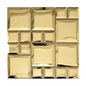 Front view of gold stainless steel beveled square mosaic tile with reflective surface