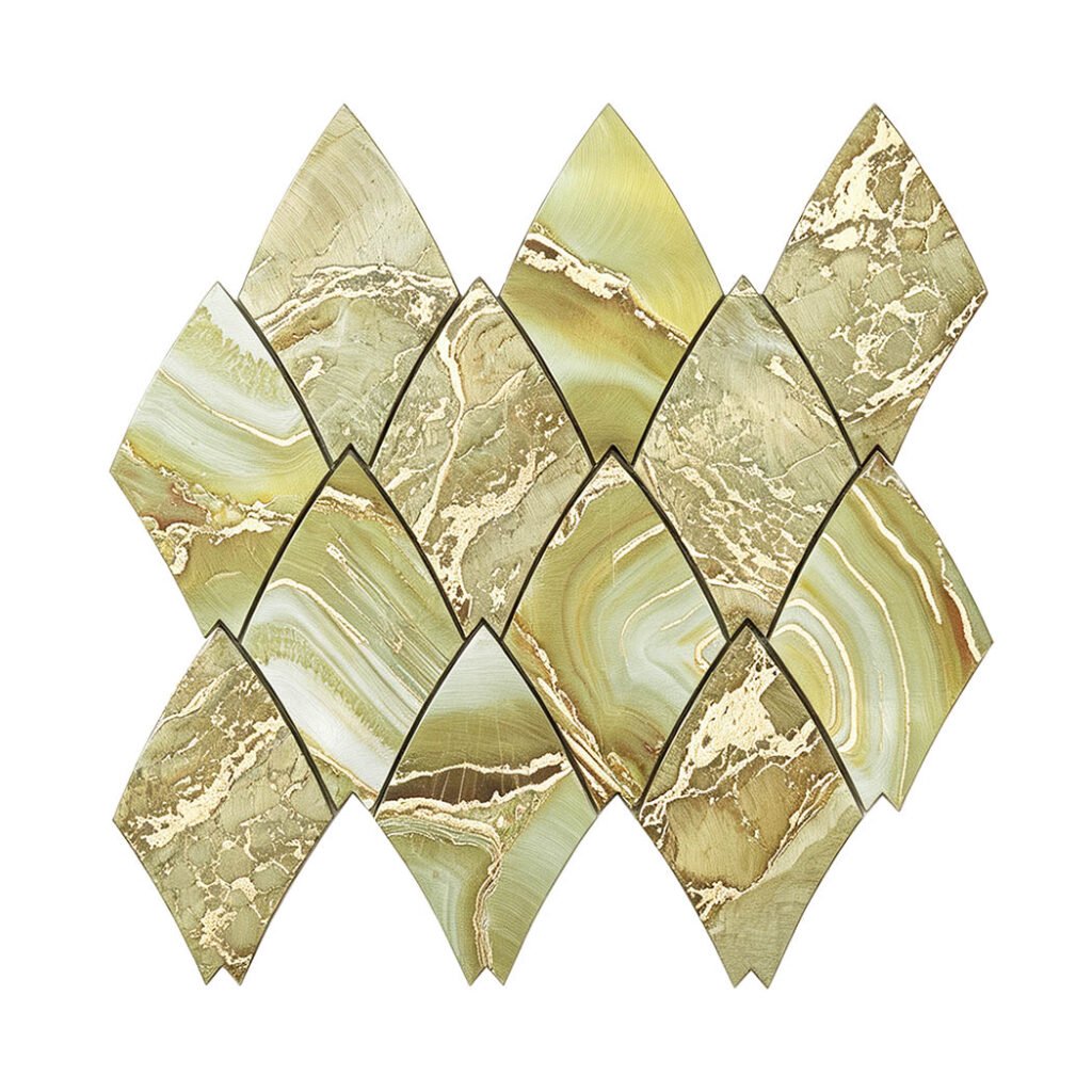 Mosaikfliesen aus Aluminium – Grün / Goldfarben, für Wände – BJ-A7AC74B4484A