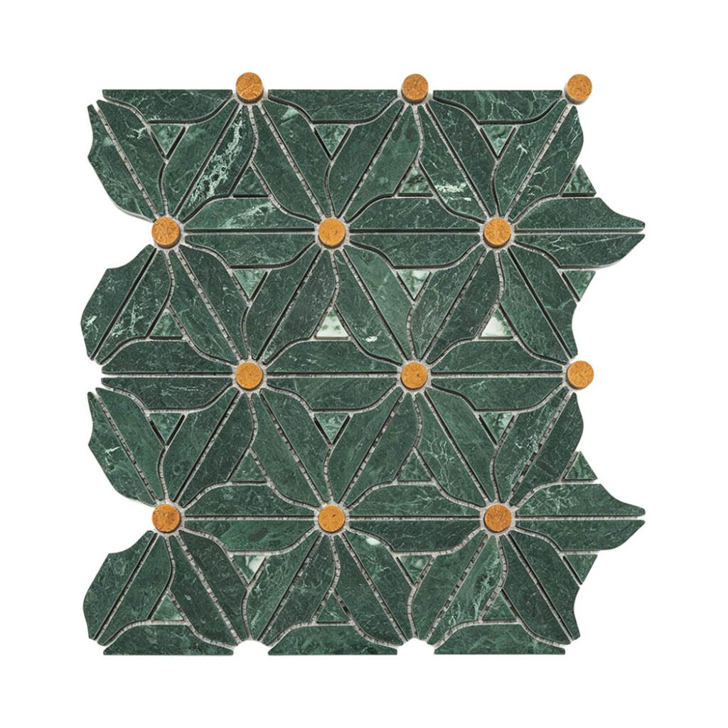 Marmormosaikfliesen – Grün / Goldfarben, Blumenmuster