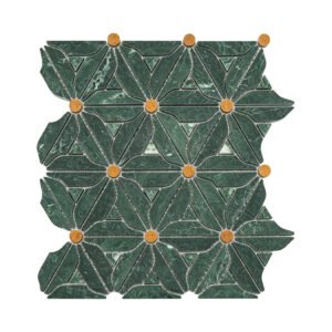 Green marble floral mosaic tile sheet with golden circular accents