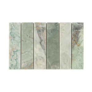Front view of green marble strip tile with soft sage tones and natural veining