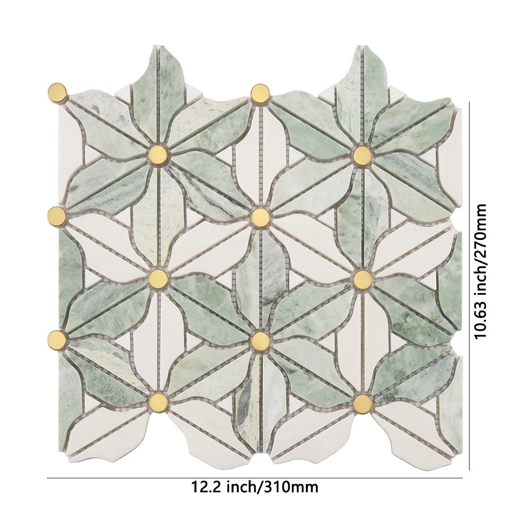 Green and white daisy marble mosaic tile with gold stainless steel dots