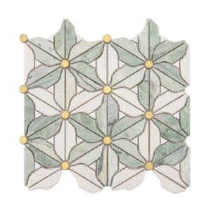 Full sheet of green and white floral marble mosaic tile with gold round accents