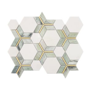 Full sheet of green and white marble hexagon mosaic tile with gold metal lines