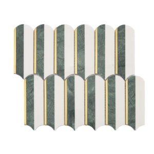 Front view of scalloped green and white marble mosaic tile sheet with thin gold metal strips.