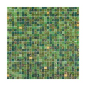 Front view of green mixed glass mosaic tile sheet with small square pieces