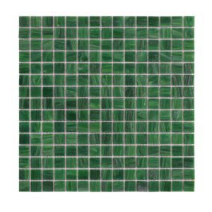 Green mosaic tiles arranged in a neat, square grid pattern, perfect for walls