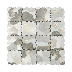 Grey and silver floral aluminum mosaic tile sheet on a white background