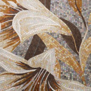Grande giglio bianco fatto a mano vetro piastrelle di mosaico con grigio sfondo iridescente