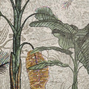 Handmade banana tree mosaic mural with green leaves and gold glass accents