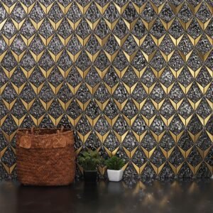 Geometric Diamond Black and Gold Rippled Metal Tile Wall Mosaic Sheets-BJTiles