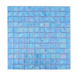 Front view of iridescent blue square glass mosaic tile sheet.