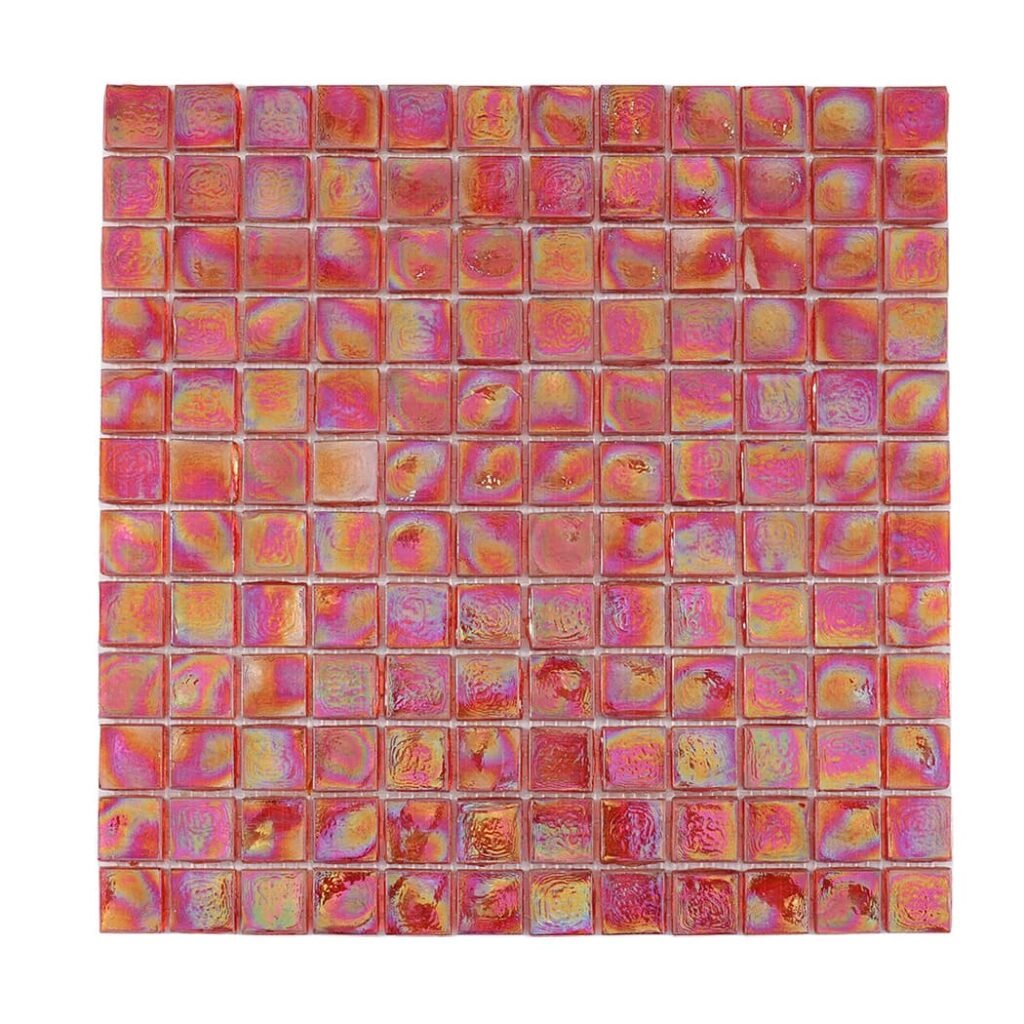 Folha de mosaico quadrado de vidro iridescente vermelho, 11,73 × 11,73 polegadas