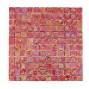 Front view of iridescent red square glass mosaic tile sheet.