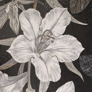 Large white lily glass mosaic mural with dark floral background