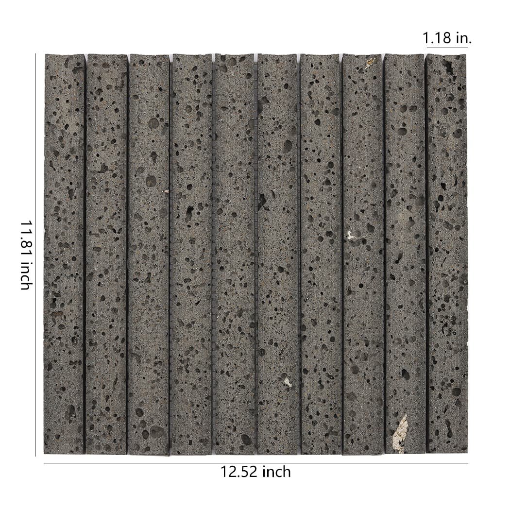 Front view of dark lava stone fluted mosaic tile with detailed dimension labels.