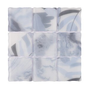 Light blue gray wavy square glass mosaic tile sheet with leaf patterns