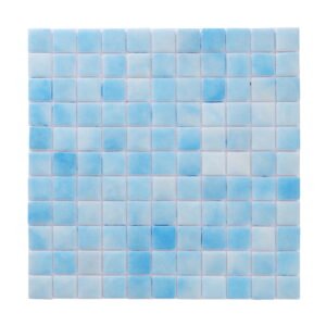 Front view of light blue recycled glass mosaic tile sheet