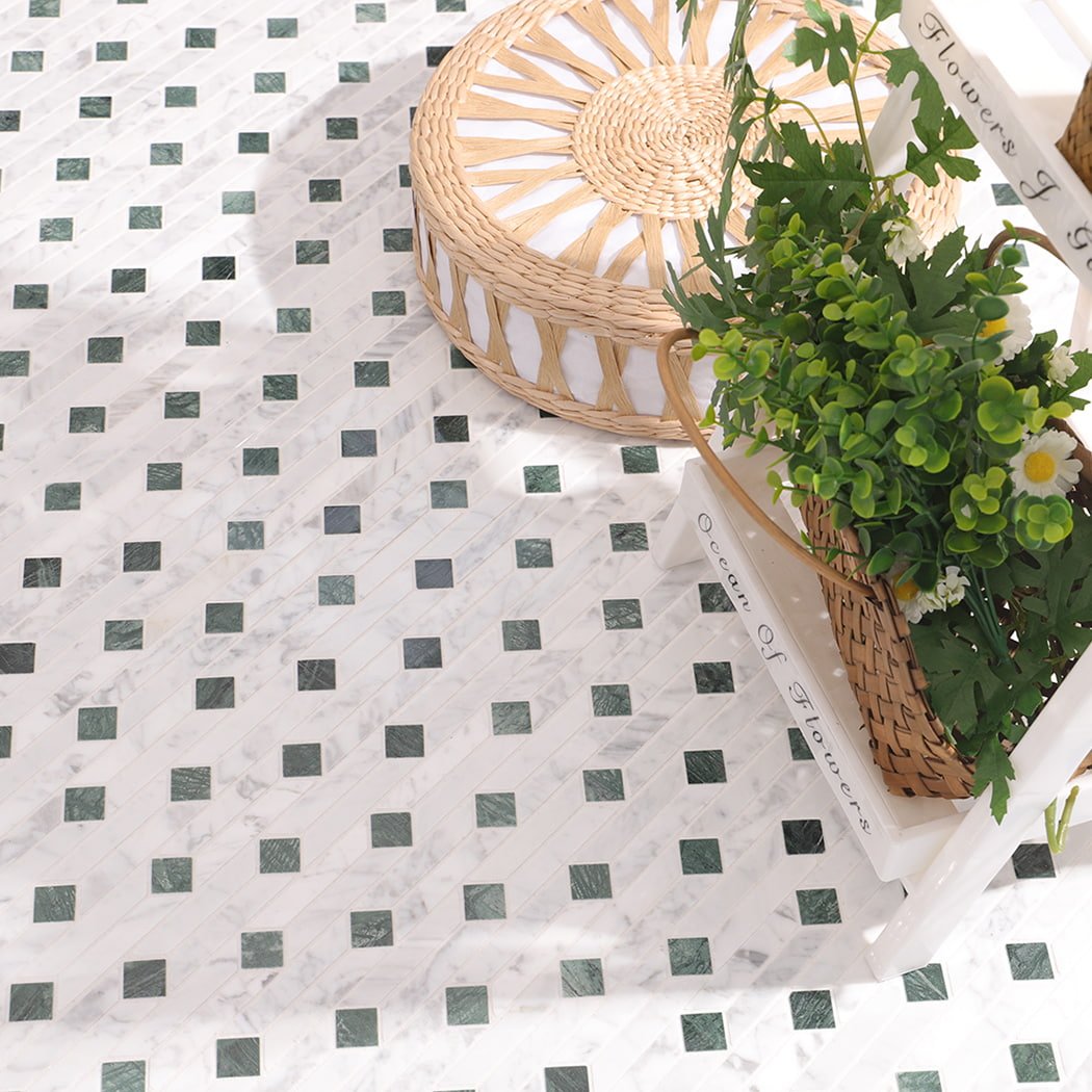 Marble mosaic used on floor with basket and flowers decoration