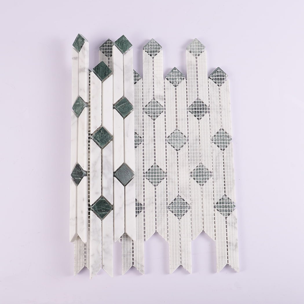 Front and back view of marble mosaic showing mesh backing