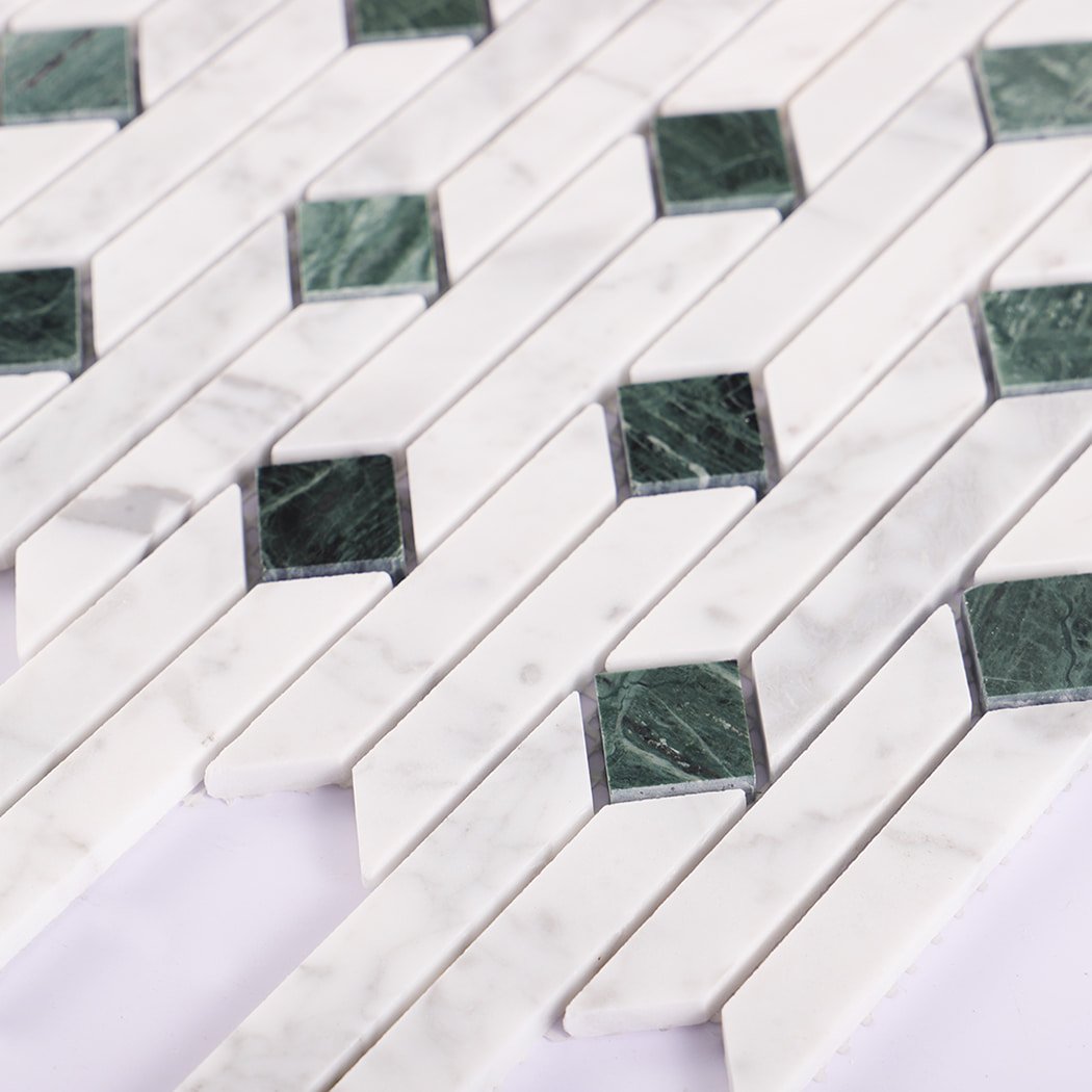 Angled view of marble mosaic showing interlocking pattern