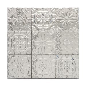 Front view of mirror silver embossed mosaic featuring mixed flower motifs and glossy reflections.