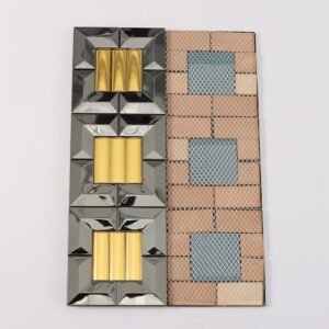 Mosaico de parede metálico 3D preto e dourado com padrão espinha de peixe e efeito espelhado